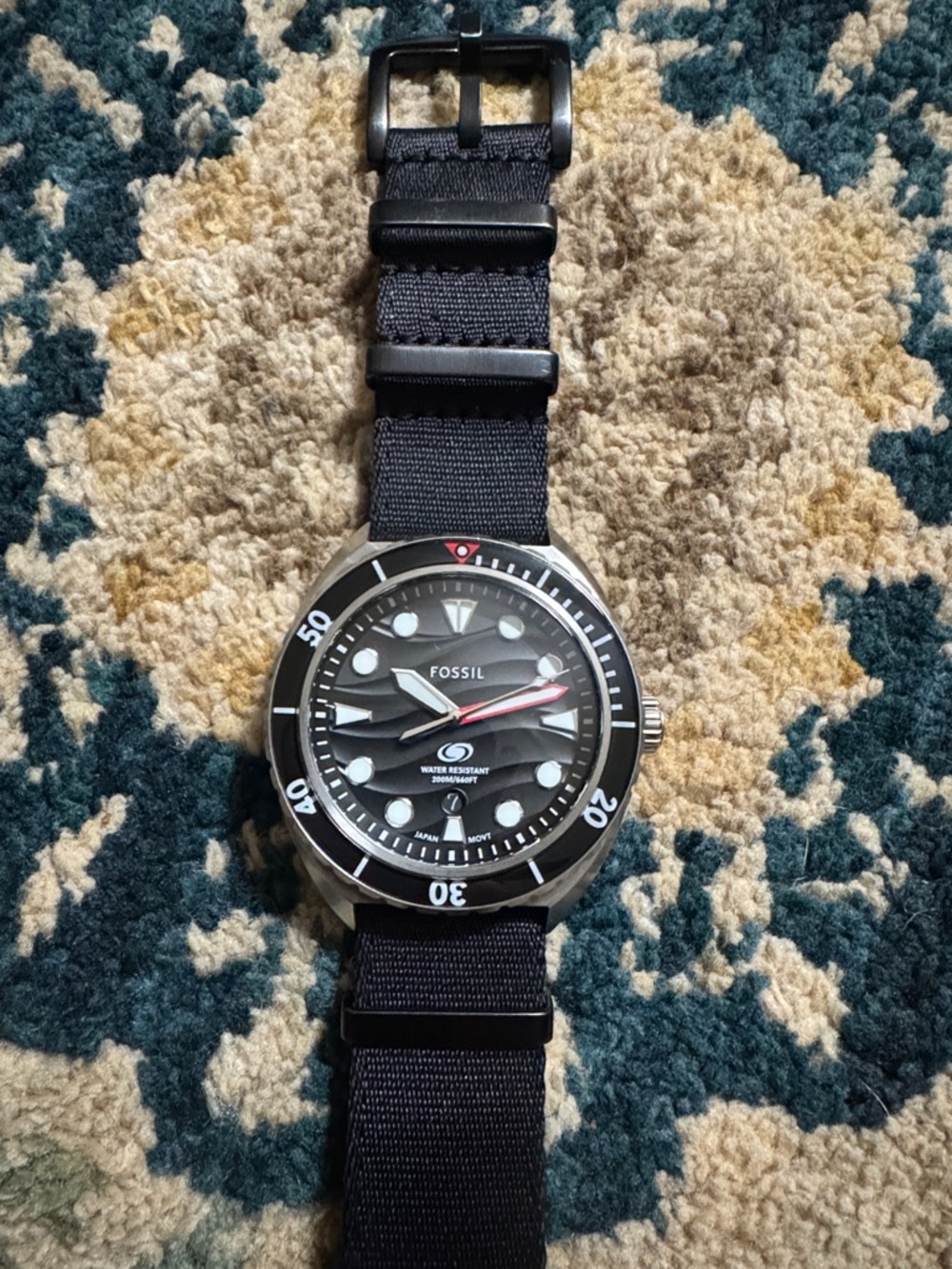 Fossil Men's Black and Silver Dive Watch with Black Nylon Strap